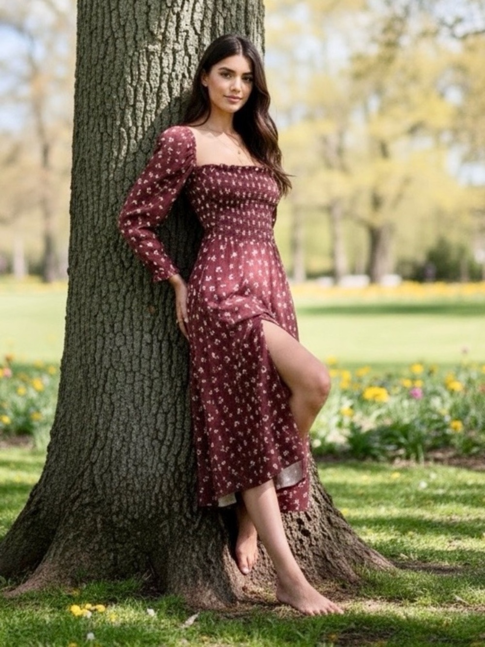 SHEIN Floral Ditsy Smocked Square-Neck Midi Dress - Picture 5 of 11